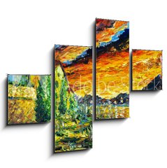 Obraz 4D tydln - 120 x 90 cm F_IB277362459 - Impressionism oil painting landscape paint art Red sea ship, scarlet sails, sunset over mountains, yellow
