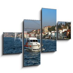 Obraz tydln 4D - 120 x 90 cm F_IB27806686 - Boat, Bridge over Bosporus and Houses at the coast in Istanbul - Lo, most pes Bospor a domy na pobe v Istanbulu
