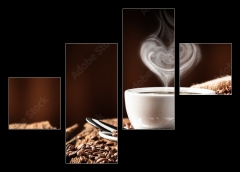 Obraz 4D tydln - 120 x 90 cm F_IB286399259 - White Cup Of Hot Coffee With Heart Shaped Steam On Old Weathered Table With Burlap Sack And Beans