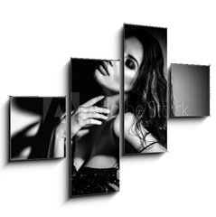 Obraz 4D tydln - 120 x 90 cm F_IB289833288 - Sexy Young Woman black and white portrait. Seductive young woman in lingerie in darkness. Glamour lady with long hair posing in spotlight. Gorgeous seductive model girl with long hair b