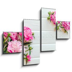 Obraz 4D tydln - 120 x 90 cm F_IB313371368 - Pink peony flowers on white wooden table. womans day or wedding background. Top view.
