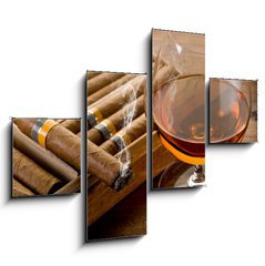 Obraz 4D tydln - 120 x 90 cm F_IB34951476 - cuban cigar and cognac on wood background - kubnsk doutnk a koak na devnm pozad