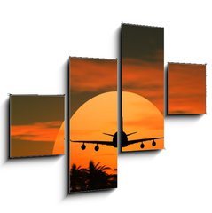 Obraz 4D tydln - 120 x 90 cm F_IB41883817 - airplane flying at sunset over the tropical land with palm trees