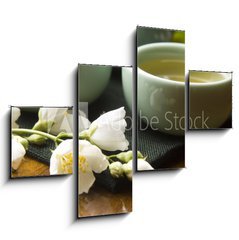 Obraz 4D tydln - 120 x 90 cm F_IB42047983 - Green tea with jasmine in cup and teapot on wooden table