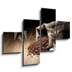Obraz   Coffee cup with burlap sack of roasted beans on rustic table, 120 x 90 cm