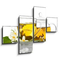 Obraz 4D tydln - 120 x 90 cm F_IB42891887 - green tea with jasmine in cup and teapot isolated on white