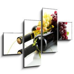 Obraz 4D tydln - 120 x 90 cm F_IB44046093 - bottles of wine and ripe grapes isolated on white - lhve vna a zral hrozny izolovanch na blm