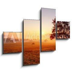 Obraz   Alone tree on meadow at sunset with sun and mist  panorama, 120 x 90 cm