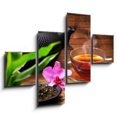 Obraz 4D tydln - 120 x 90 cm F_IB48082292 - Arrangement aus Teekanne, Teeglas gr nem Tee und Orchidee