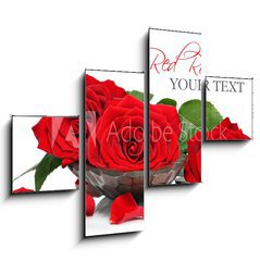 Obraz 4D tydln - 120 x 90 cm F_IB48588305 - Red roses and petals in a wooden spa bowl