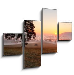 Obraz   Alone tree on meadow at sunset with sun and mist  panorama, 120 x 90 cm