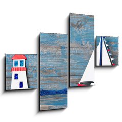 Obraz   Sommerlicher Hintergrund aus Holz in Blau mit Segelboot, 120 x 90 cm