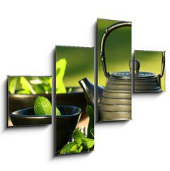 Obraz tydln 4D - 120 x 90 cm F_IB5535303 - Black iron asian teapot with sprigs of mint for tea