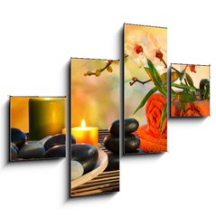 Obraz 4D tydln - 120 x 90 cm F_IB59390339 - preparation for massage in orange lights and black stones - pprava na mas v oranovch svtlech a ernm kameni