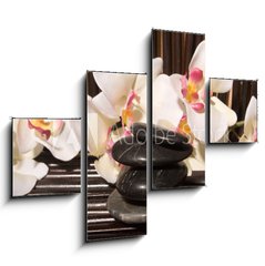 Obraz 4D tydln - 120 x 90 cm F_IB6260873 - Massage stones and orchid flowers on bamboo - Masn kameny a orchidejov kvtiny na bambusu