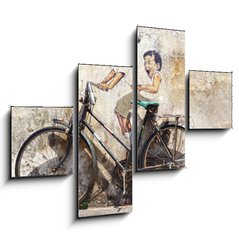 Obraz 4D tydln - 120 x 90 cm F_IB62780970 - Little Children on a Bicycle Mural.
