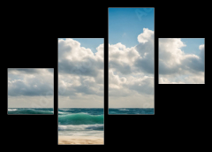 Obraz 4D tydln - 120 x 90 cm F_IB629716136 - Ocean coast panorama in calm weather with small waves, blue sky, white clouds and bright sun. Seascape illustration. Generative AI