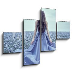 Obraz 4D tydln - 120 x 90 cm F_IB70223866 - Back view of standing young woman in blue dress - Zadn pohled na stojc mlad ena v modrch atech