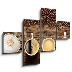 Obraz 4D tydln - 120 x 90 cm F_IB70894369 - Variety of cups of coffee and coffee beans on old wooden table