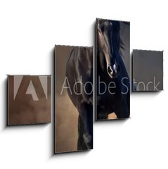 Obraz 4D tydln - 120 x 90 cm F_IB78859419 - Beautiful black stallion run in desert dust against sunset sky