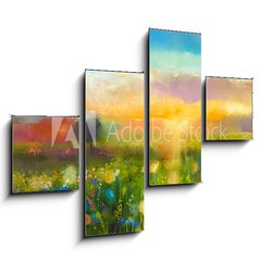 Obraz 4D tydln - 120 x 90 cm F_IB90987549 - Oil painting  flowers dandelion, cornflower, daisy in fields. Sunset  meadow landscape with wildflower, hill and sky in orange and blue color background. Hand Paint summer floral Impressionist style