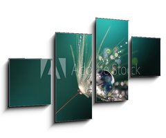 Obraz 4D tydln - 100 x 60 cm F_IS123550067 - Beautiful dew drops on a dandelion seed macro.  Beautiful blue background. Large golden dew drops on a parachute dandelion. Soft dreamy tender artistic image form.