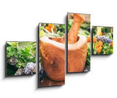 Obraz 4D tydln - 100 x 60 cm F_IS128185706 - Variety of herbs and mortar on wooden background, banner