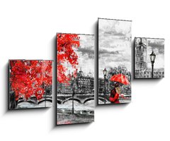 Obraz 4D tydln - 100 x 60 cm F_IS133948127 - oil painting on canvas, street of london. Artwork. Big ben. man and woman under an red umbrella. Tree. England. Bridge and river