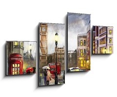 Obraz 4D tydln - 100 x 60 cm F_IS167015010 - oil painting on canvas, street view of london. Artwork. Big ben. couple and red umbrella, bus and road, telephone. Black car