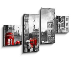 Obraz 4D tydln - 100 x 60 cm F_IS167015499 - oil painting on canvas, street view of london. Artwork. Big ben. couple and red umbrella, bus and road, telephone. Black car