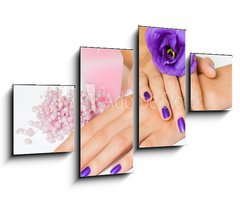 Obraz   Hands with purple manicure and flower, pink candle and beads, 100 x 60 cm