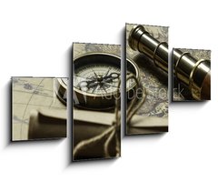 Obraz   Retro compass with old map and spyglass, 100 x 60 cm