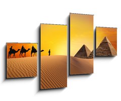 Obraz 4D tydln - 100 x 60 cm F_IS22138897 - Pyramid, camel and sunset