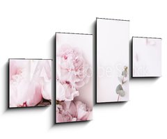 Obraz 4D tydln - 100 x 60 cm F_IS235909172 - Beautiful, tender fresh blossoming aromatic pink Peony flowers and eucalyptus branches on the white background, top view, flat lay