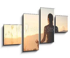 Obraz   silhouette fitness girl practicing yoga on mountain, 100 x 60 cm