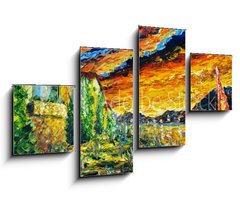 Obraz 4D tydln - 100 x 60 cm F_IS277362459 - Impressionism oil painting landscape paint art Red sea ship, scarlet sails, sunset over mountains, yellow