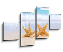 Obraz 4D tydln - 100 x 60 cm F_IS28897412 - two starfish on beach, blue sea and white boat