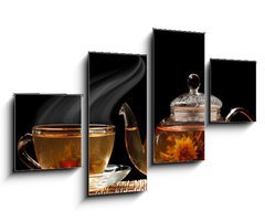 Obraz   Glass teapot and a cup of green tea on a black background, 100 x 60 cm