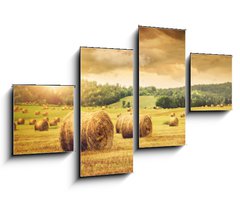 Obraz   Field of freshly bales of hay with beautiful sunset, 100 x 60 cm