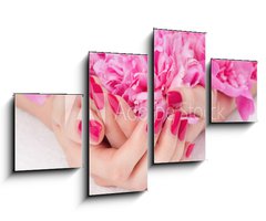 Obraz   Woman cupped hands with pink manicure holding a flower, 100 x 60 cm