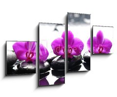 Obraz 4D tydln - 100 x 60 cm F_IS35871082 - Three zen stones and three orchids with reflection - Ti zenov kameny a ti orchideje s odrazem