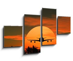 Obraz 4D tydln - 100 x 60 cm F_IS41883817 - airplane flying at sunset over the tropical land with palm trees