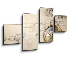 Obraz 4D tydln - 100 x 60 cm F_IS43113208 - old compass and rope on vintage map 1732 - star kompas a lano na vinobran map 1732