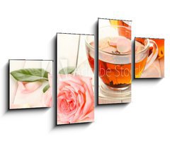 Obraz   teapot and cup of tea with roses on white wooden table, 100 x 60 cm