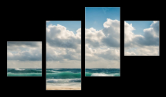 Obraz 4D tydln - 100 x 60 cm F_IS629716136 - Ocean coast panorama in calm weather with small waves, blue sky, white clouds and bright sun. Seascape illustration. Generative AI