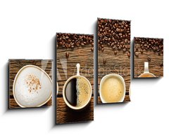 Obraz 4D tydln - 100 x 60 cm F_IS70894369 - Variety of cups of coffee and coffee beans on old wooden table