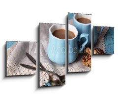 Obraz 4D tydln - 100 x 60 cm F_IS71101894 - Cups of coffee with cookies and napkin on wooden table - lek kvy s cookies a ubrousek na devnm stole