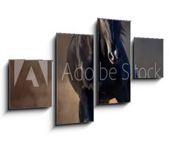 Obraz 4D tydln - 100 x 60 cm F_IS78859419 - Beautiful black stallion run in desert dust against sunset sky