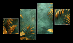 Obraz 4D tydln - 100 x 60 cm F_IS790822272 - An elegant gold decoration art wallpaper. Modern art with nature. Golden leaves, plants and bamboo of curvature of the line, green background.