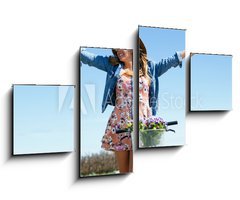 Obraz   Beautiful young woman with a vintage bike in the field., 100 x 60 cm